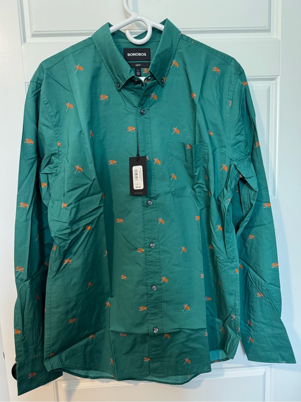 NWT Bonobos 100% Cotton Button-Down Shirt, Green Bears On Ice Print, Size Large